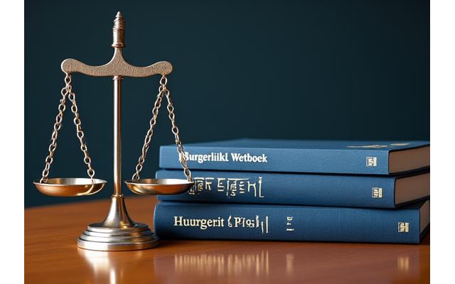 Weegschaal van Justitie naast Nederlandse wetboeken, representeert juridische naleving