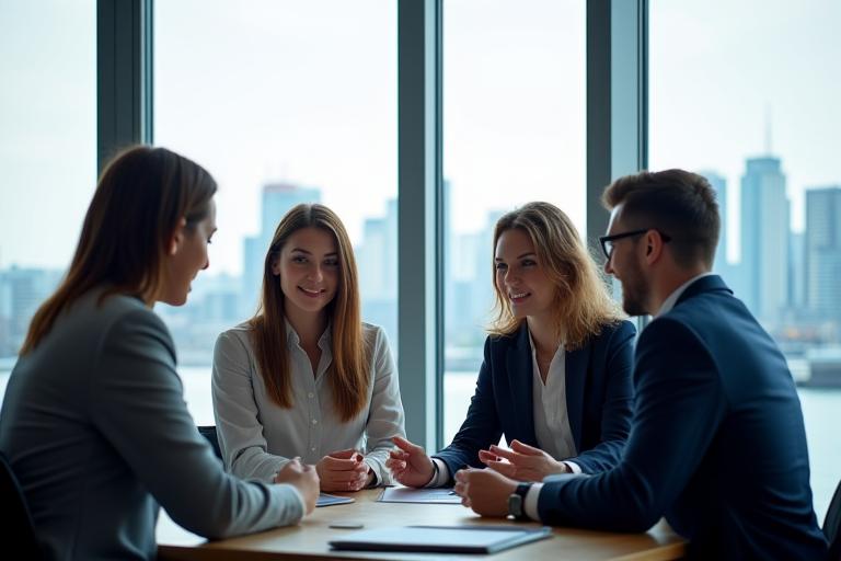 Team van Zandduin Huizen in een moderne kantooromgeving met uitzicht op Den Haag